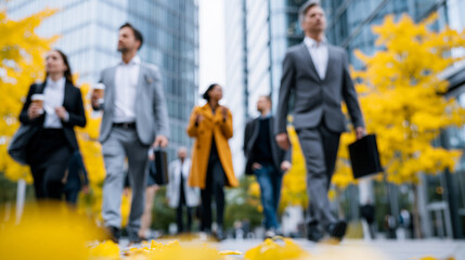 Obraz premium Business professionals walking briskly across wide modern urban plaza between glass tower buildings on crisp autumn morning commute, colorful fallen leaves on ground, some holding