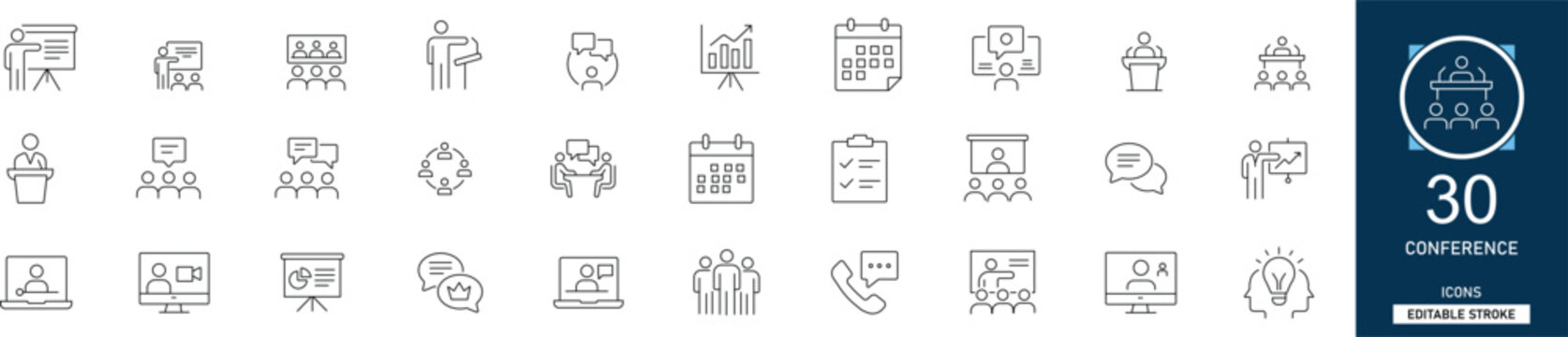 Conference and virtual meeting line icon set with 30 icons webinar, video call, podium, team meeting, presentation, speaker, audience. Clean linear vector, editable stroke for business.