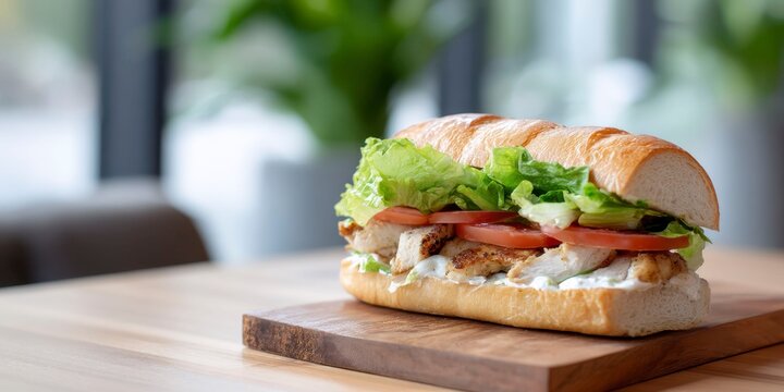 a chicken sandwich with lettuce, and tomato on an extra long bun, sitting upright on a wooden board on the table