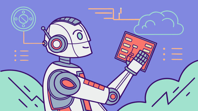 Futuristic humanoid robot using digital tablet for cloud computing and automation services