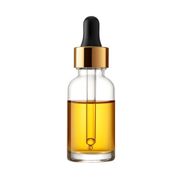 Clear glass dropper bottle filled with golden liquid, isolated on transparent background