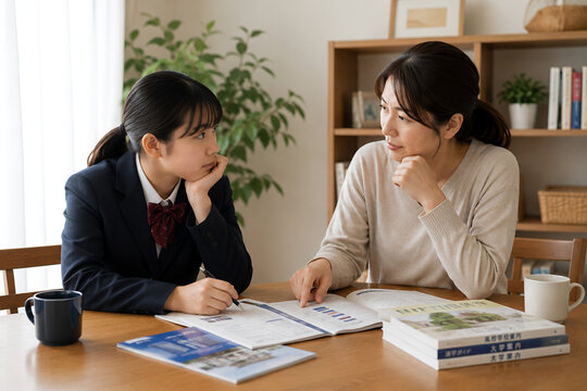 進路について話し合う親子の学習相談風景