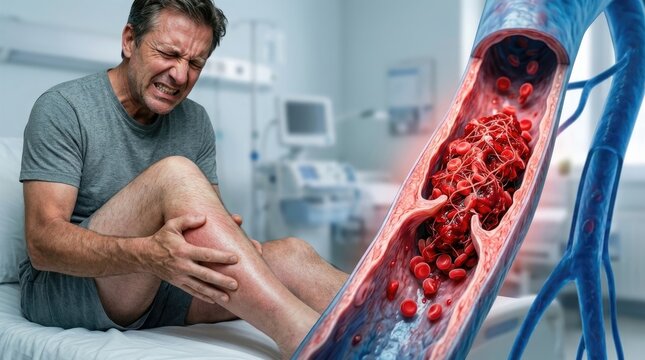 Internal circulation distress: thrombosis ailment, vein obstruction, human suffering, leg ache, blood flow, medical care, vascular issue, clot formation, crisis situation.