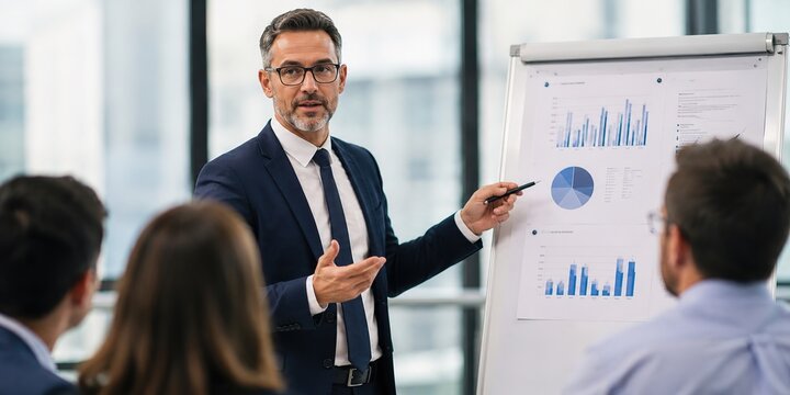 Business presentation on data analysis trends in corporate office professional environment visual insights for strategic decision-making with engaged audience participation