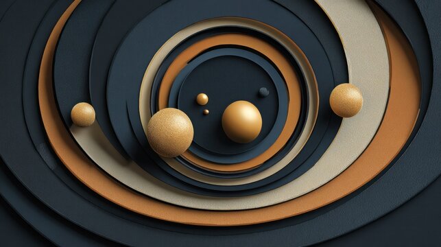 Concentric layered shapes with textured spheres create a modern abstract background design