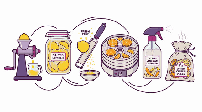 Vector illustration showing various methods of processing and preserving lemons including juicing, salting, zesting, dehydrating, and cleaning