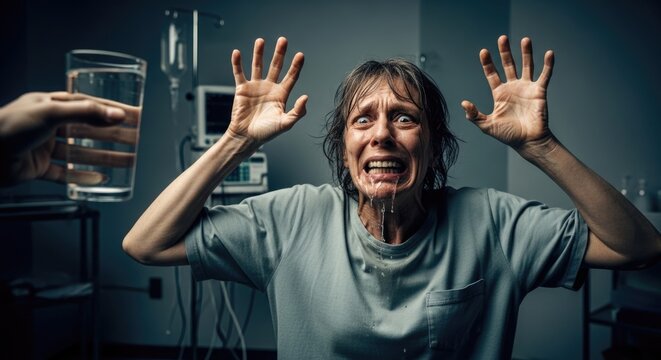 Rabid affliction terror: rabies virus, rhabdovirus danger, human suffer, water fear, disease symptom, viral attack, panic state, saliva drool, neurologic effect, infection progression, patient agony.