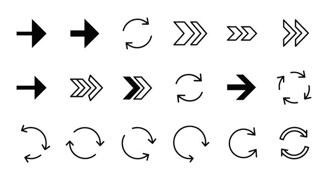 A collection of diverse arrow icons, featuring solid and outlined forward arrows, double chevrons, and circular refresh symbols.