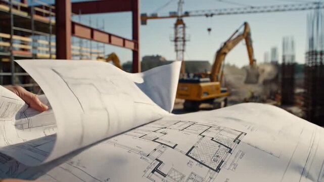 Detailed construction blueprints unfurling on a busy building site with excavators and cranes in the background