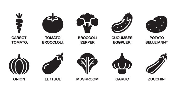 Set of black vegetable icons including carrot tomato broccoli cucumber potato onion lettuce mushroom.