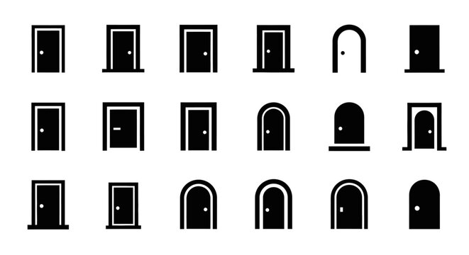 A collection of black silhouette icons depicting various door designs, including rectangular and arched entrances, on a white background.