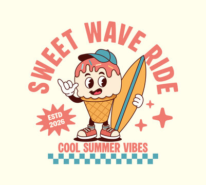 Retro ice cream cartoon holding surfboard, fun summer vibes illustration, playful design for kids, stickers, T-shirts, posters, and seasonal branding