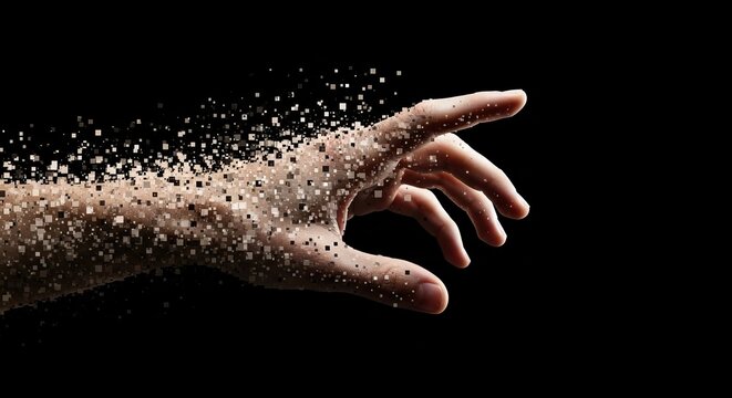 Human hand disintegrating into a cloud of digital particles against a dark background