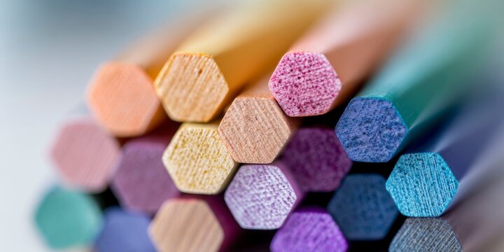 colored pencils, arranged in the shape of hexagons, showcasing their intricate patterns and vibrant colors. the background is blurred