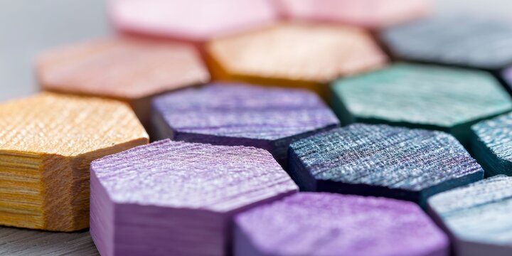 colored pencils, arranged in the shape of hexagons, showcasing their intricate patterns and vibrant colors. the background is blurred