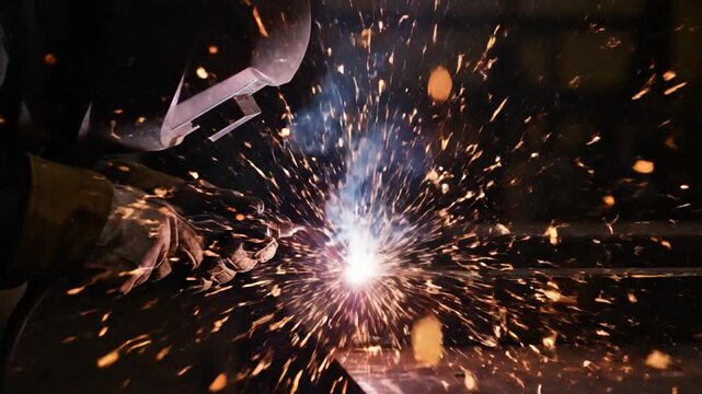 Intense welding sparks create dazzling ephemeral patterns against a dark industrial backdrop