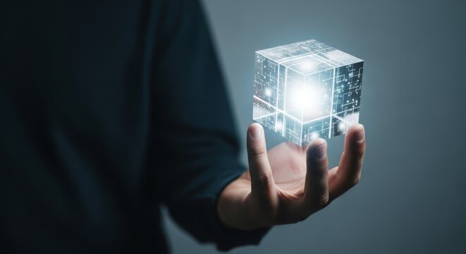 Human hand holding a glowing transparent digital cube with intricate circuitry