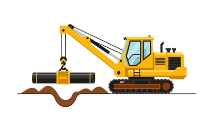 Obraz premium Yellow Industrial Pipelayer Machine Vector Illustration - Heavy Duty Crane Laying Pipe in Trench