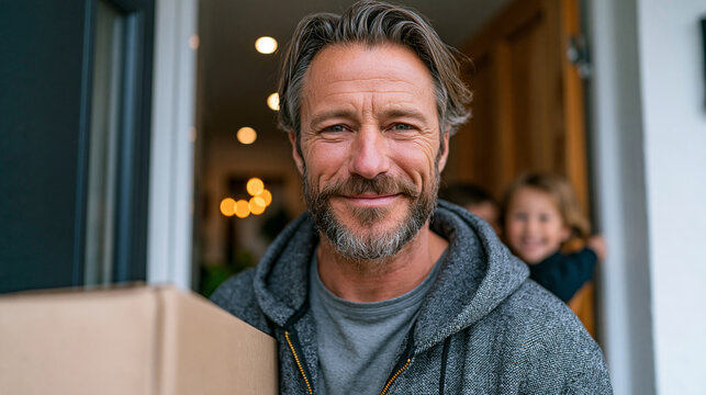 A man bringing groceries into the house while a child holds the door open for him, small teamwork, real family life, concept of meaning through mutual support, photorealistic, prem