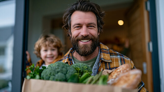 A man bringing groceries into the house while a child holds the door open for him, small teamwork, real family life, concept of meaning through mutual support, photorealistic, prem