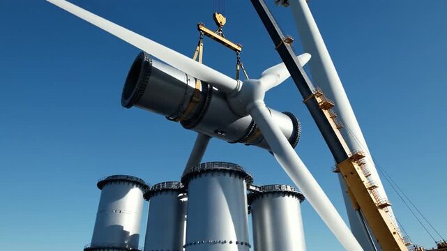 Massive wind turbine component being lifted into place during construction using a large industrial crane