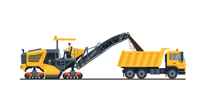 Asphalt Milling Machine and Dump Truck for Road Construction Vector Illustration. Yellow cold planer loading materials into a tipper truck on white background.