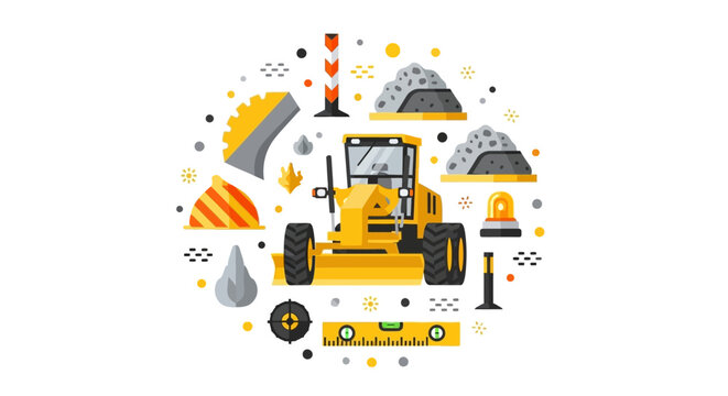 Flat Design Road Construction Illustration Featuring Motor Grader, Gravel Piles, Safety Equipment, and Infrastructure Tools