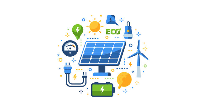 Renewable Energy Concept Vector Illustration with Solar Panels, Wind Turbine, and Green Technology Icons for Sustainable Power and Environmental Conservation