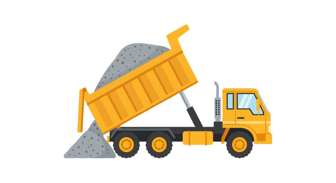 Yellow dump truck unloading gravel or sand, construction vehicle vector illustration isolated on white background