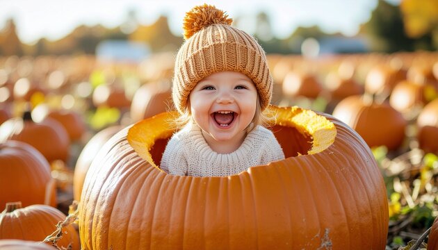 Adorable baby sitting inside a giant pumpkin at a fall harvest farm.