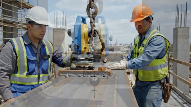 Construction workers and surveying equipment align a massive structural steel beam at a building site