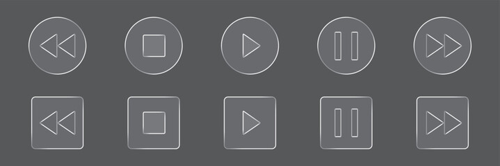 Glass liquid contemporary media player controls featuring play, skip, menu, and repeat options. Music, video player symbol. vector illustration. Аudio player or video interface button icon set glass © Hike Studio 2