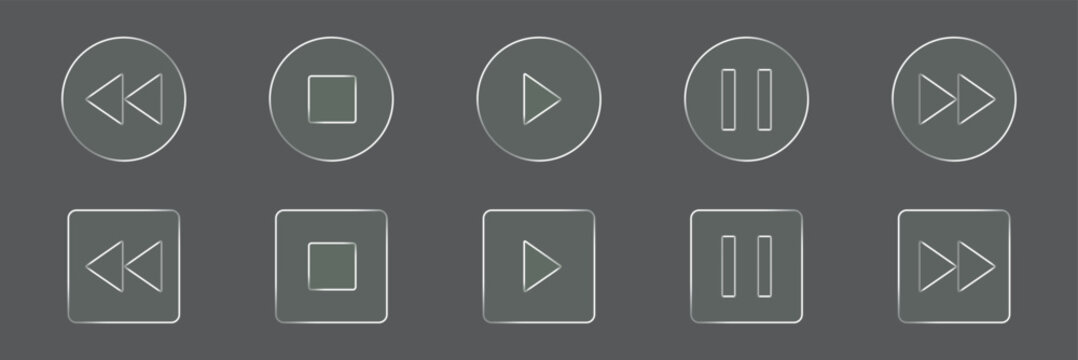 Glassmorphism Media Player Button icons set. 3d box and circle shape for control interface elements. Play, pause, stop, next, fast, like. Vector illustration Glass morphism. Play button glass icon vec