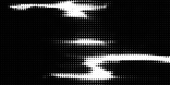 Abstract black and white background with dynamic halftone dot glitch effect