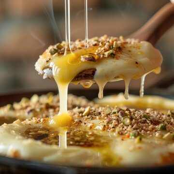 Hot Turkish kunefe dessert with melted cheese and pistachios, syrup dripping from a fork, showcasing rich textures on a clean light background
