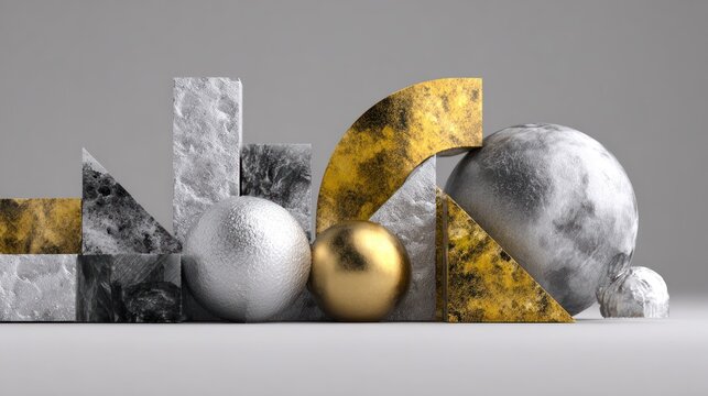Abstract composition features various textured geometric shapes in silver, gold, and dark stone finishes