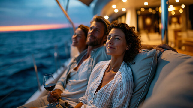A realistic, atmospheric commercial stock photo of a couple seated comfortably on the aft deck cushions of a superyacht as twilight deepens. They are relaxed, looking out over the