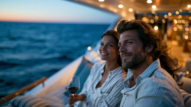 A realistic, atmospheric commercial stock photo of a couple seated comfortably on the aft deck cushions of a superyacht as twilight deepens. They are relaxed, looking out over the