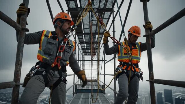 Construction workers ascending scaffolding with ropes and harnesses, under a dramatic sky