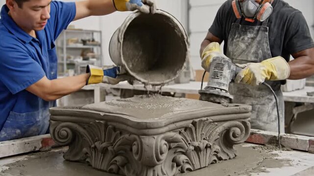Skilled workers carefully pour concrete into an ornate decorative mold for architectural elements in a workshop setting.