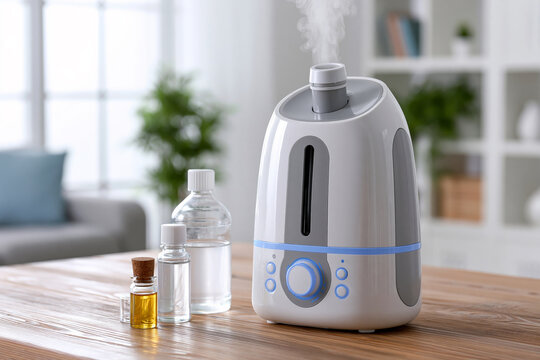 Home medical setup with ultrasonic inhaler device on clean wooden table, essential oils and saline solution nearby, bright hygienic interior, modern wellness healthcare aesthetic