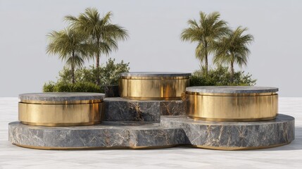 Fototapeta premium Three tiered display pedestals crafted from marbled stone and polished metal sit before tropical foliage