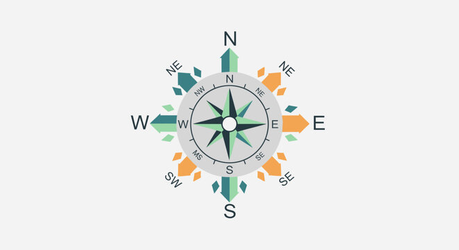 A vector illustration of a compass rose icon representing travel navigation, direction, and business concepts with an orientation arrow design