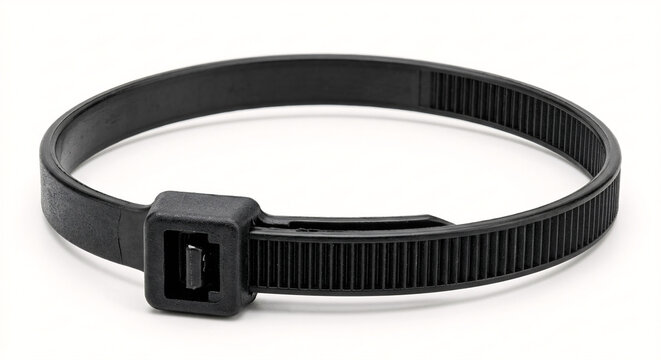 Macro photograph of a heavy-duty black nylon zip tie locked in a circle. Features rugged technical polymer and locking teeth isolated on white.