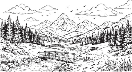 Fototapeta premium Hand drawn alpine valley walking trail illustration with peaceful mountain scenery