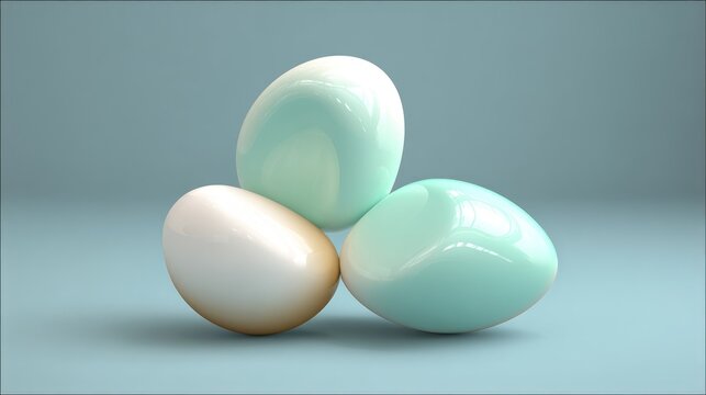 Three smooth, glossy, ovular objects rest together on a muted blue surface