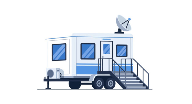 Mobile Office Trailer with Satellite Dish and Air Conditioning, Portable Command Center Flat Vector Illustration Isolated on White