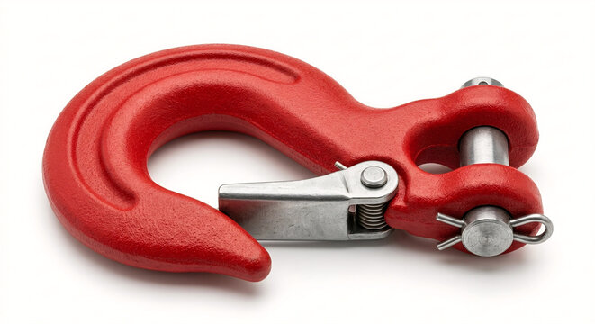 Heavy-duty forged steel winch cable hook with a matte red powder-coated finish and silver safety latch. 4x4 recovery gear isolated on white.