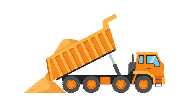 Flat Design Orange Dump Truck Unloading Sand Vector Illustration Isolated on White Background - Heavy Construction Vehicle Tipper Truck Icon