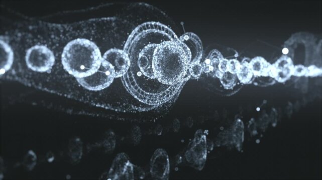 Futuristic 3D render of glowing particle spheres forming a flowing wave with network nodes on a dark background. Ideal for technology, data, and science concepts.